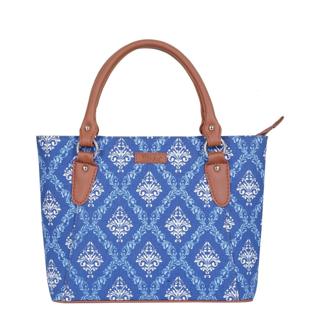 Hand Crafted Blue Printed Fabric Top Handle Handbag, Women Satchel Bag Purse